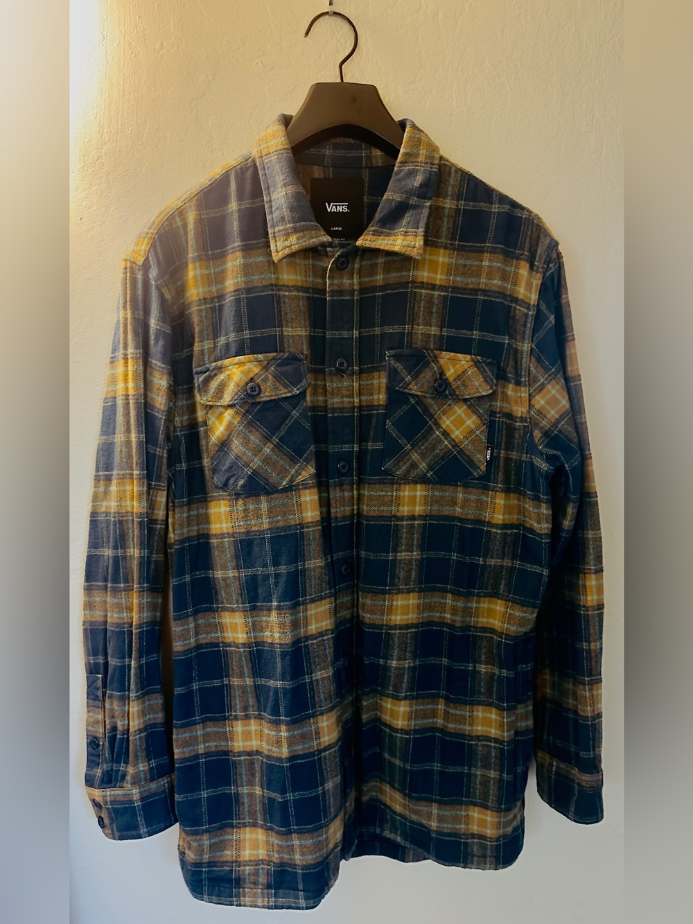 Vans Men’s Large Blue Brown Plaid Flannel Overshirt 100% Cotton Long Sleeve